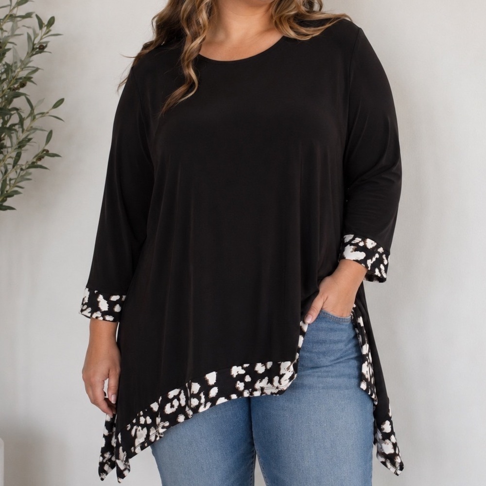 Chico's Women's XL Tunic Top 3/4 Sleeve Asymmetrical Poly Spandex Black Size 3
